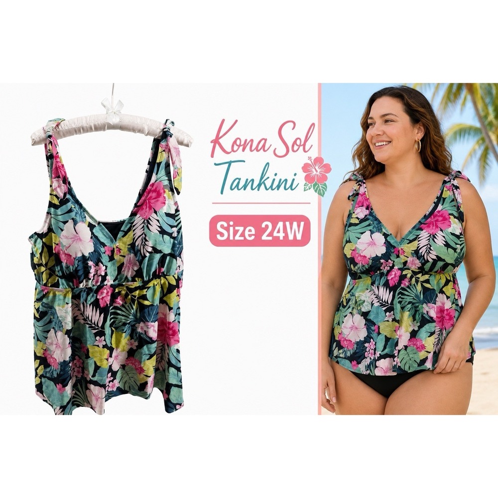 Kona Sol Tankini Top 24W Tropical Floral Plus Size Swimwear Shelf Bra